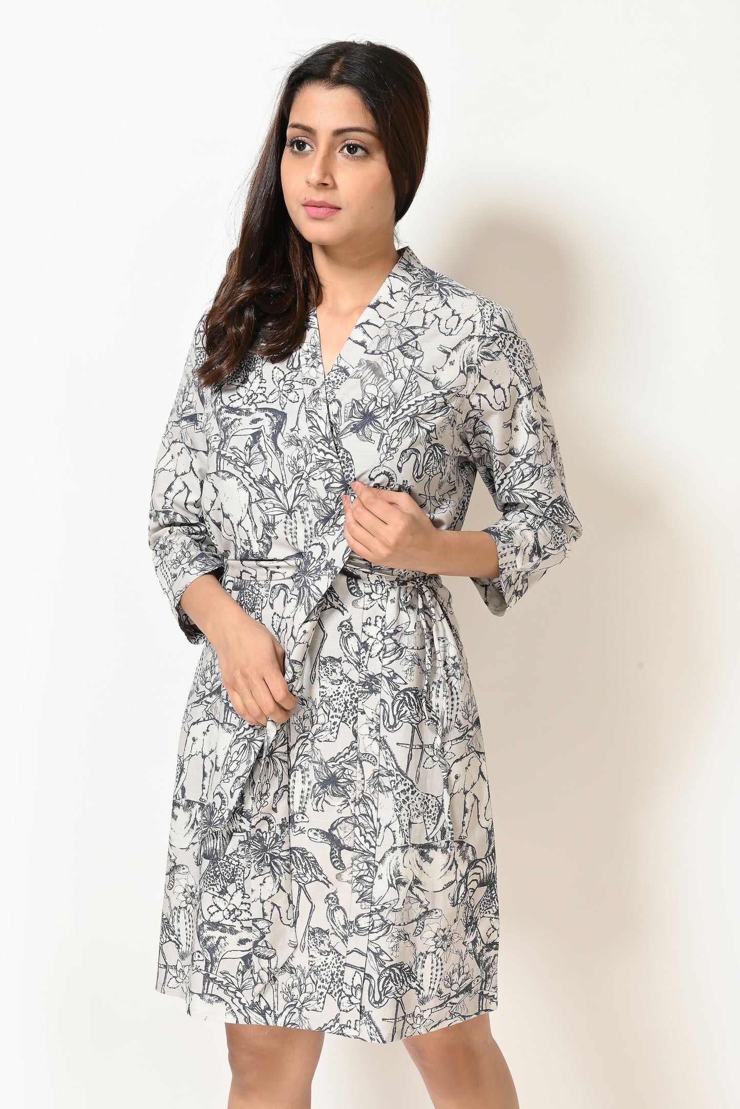 Women Steel Grey Jungle Printed Short Gown and Cotton Rayon Spaghetti Nightwear Set