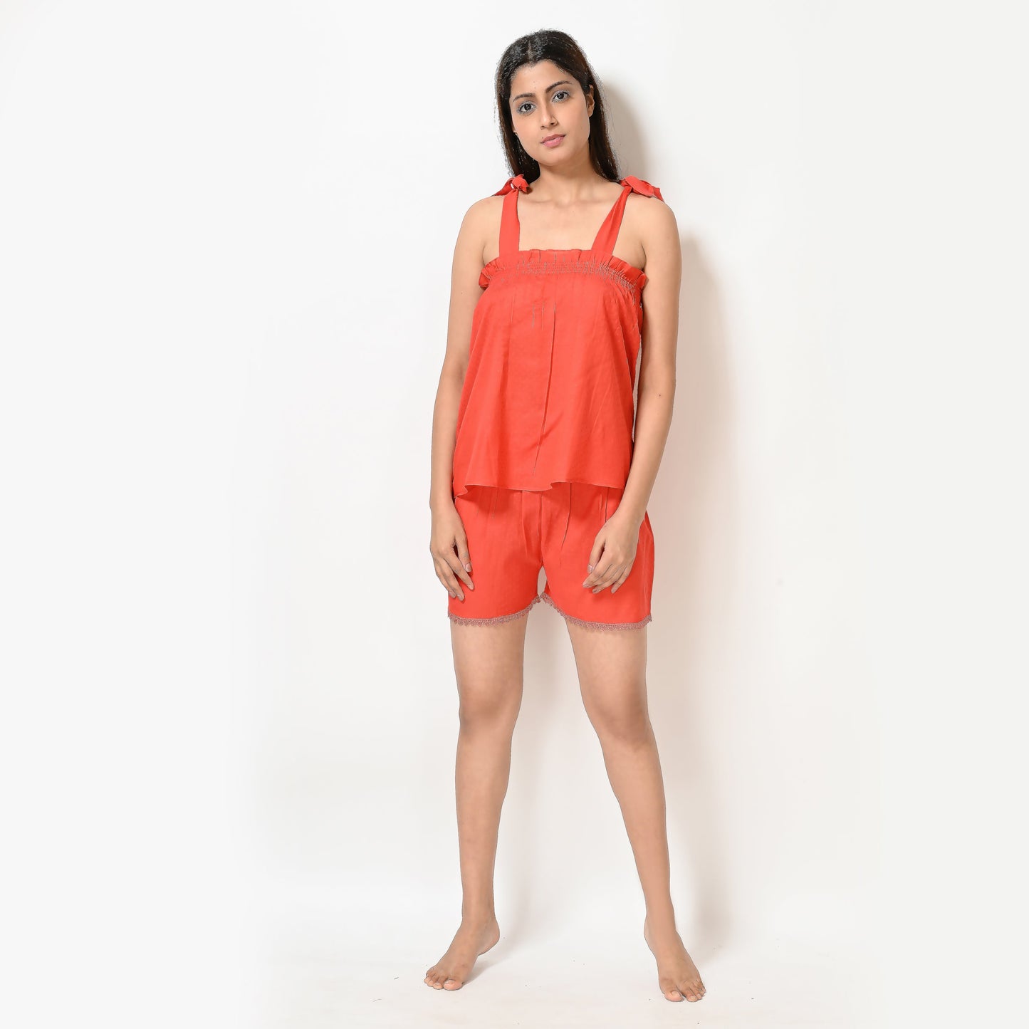 Orange Polka Dot Women's Cotton Nightwear Set with Top and Shorts