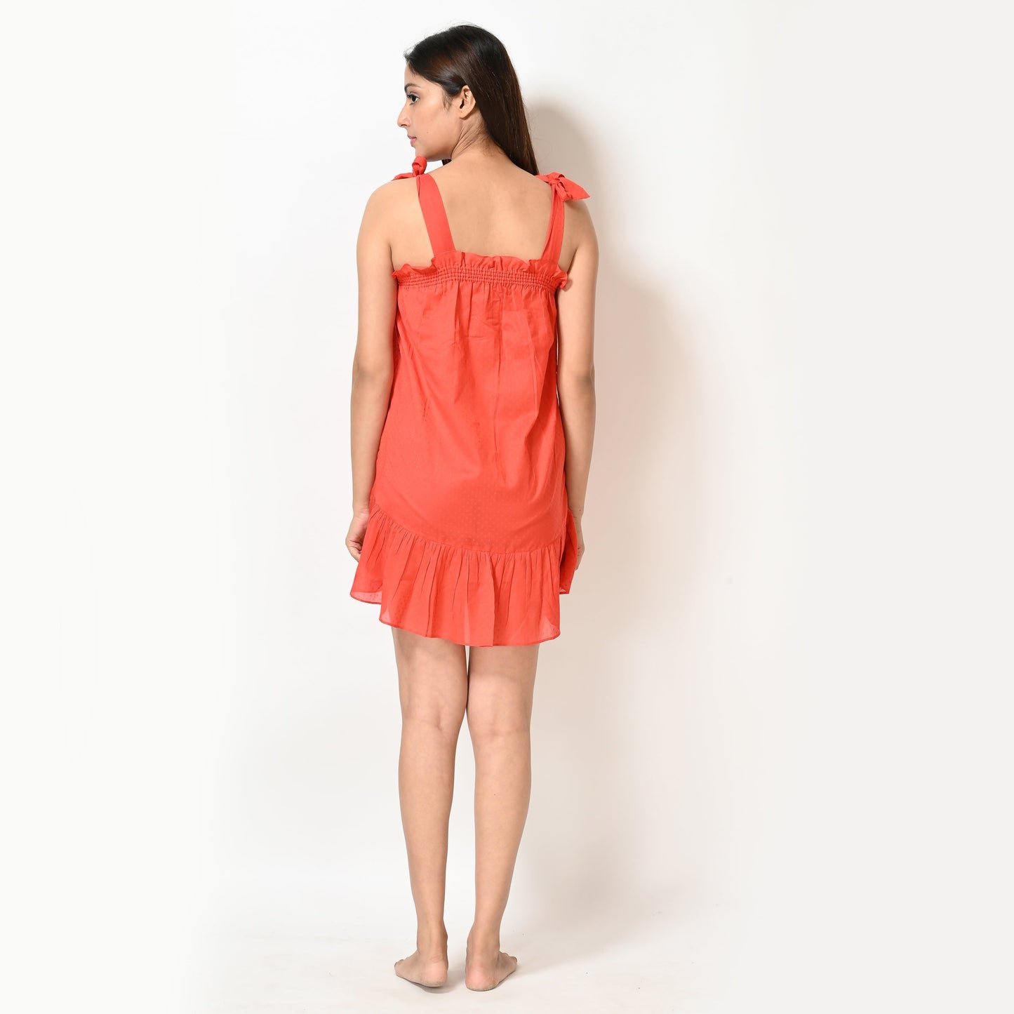 Stylish Women's Orange Polka Dot Short Gown and Spaghetti Strap Nightwear Set