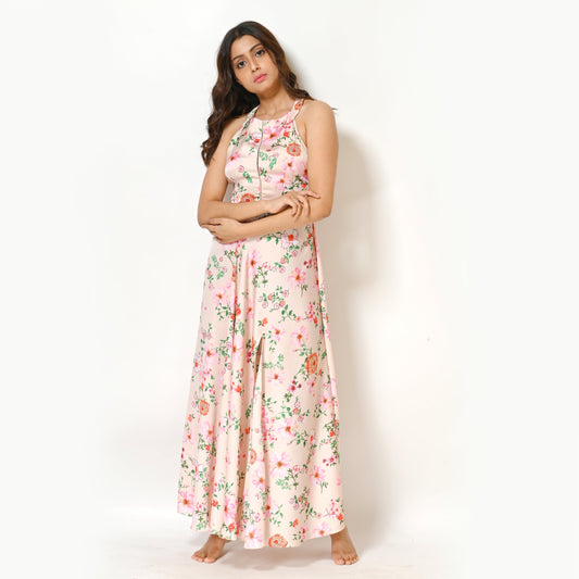 Women Peach Floral Print Satin Beach Wear