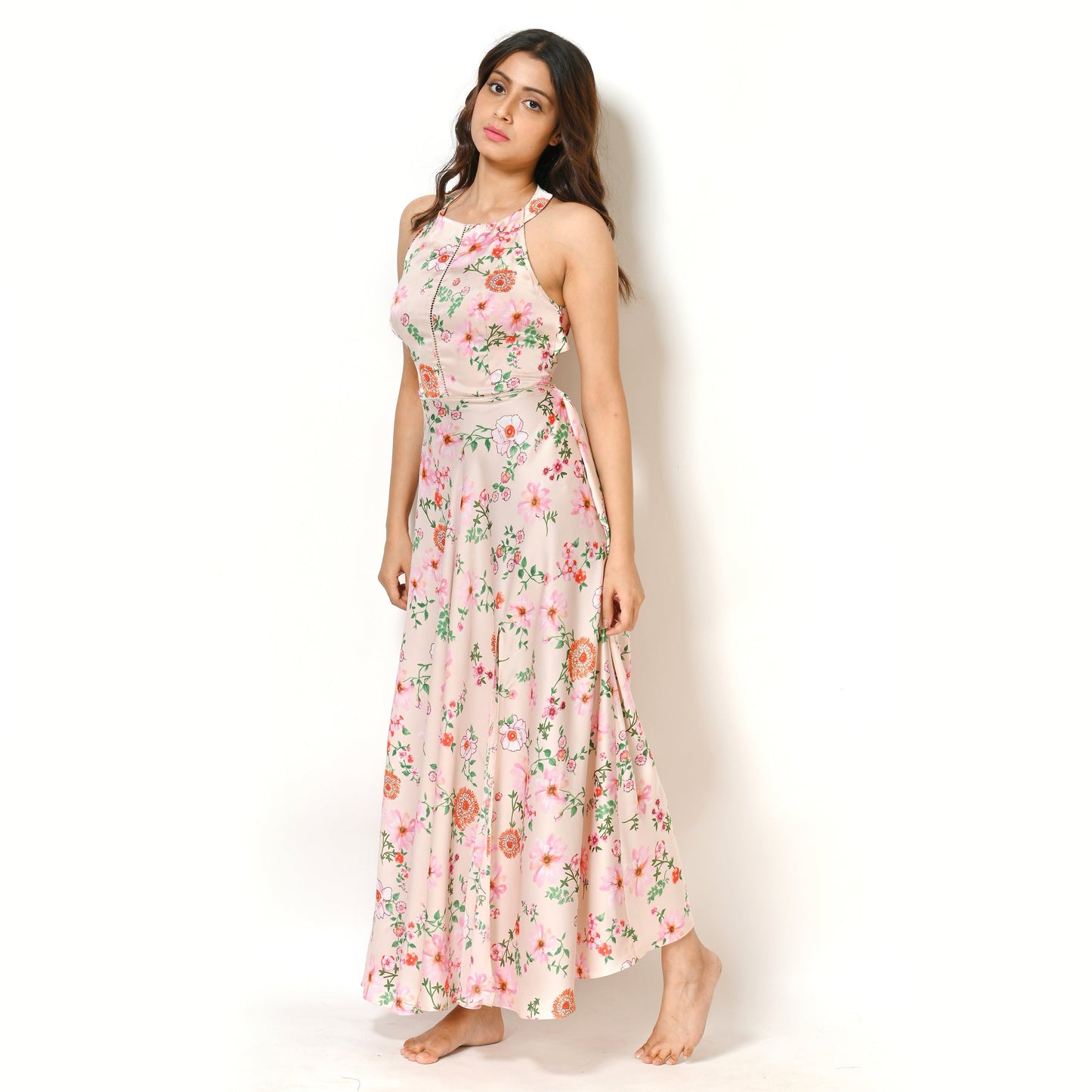 Women Peach Floral Print Satin Beach Wear