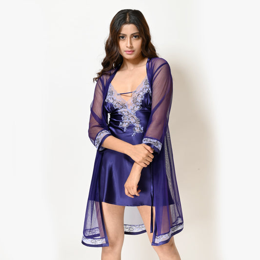 Indigo Satin Short Nighty Gown Set For Women