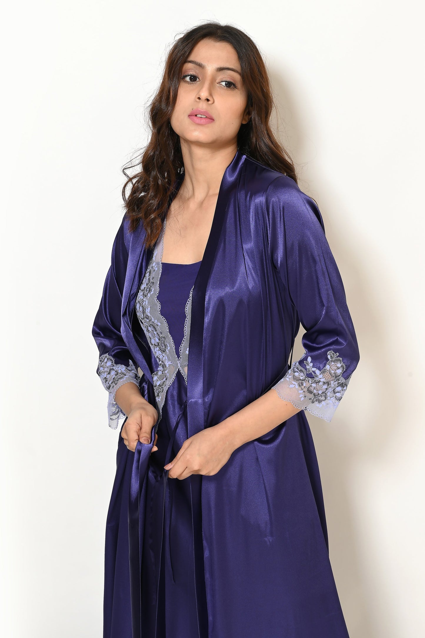 Women Indigo Satin Lever Lace In Cutwork Pattern Bridal Nighty Gown Set