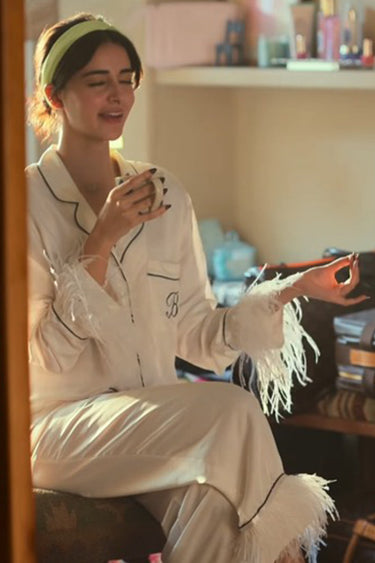 White Ananya Pajama Set In Satin With Fur Detail