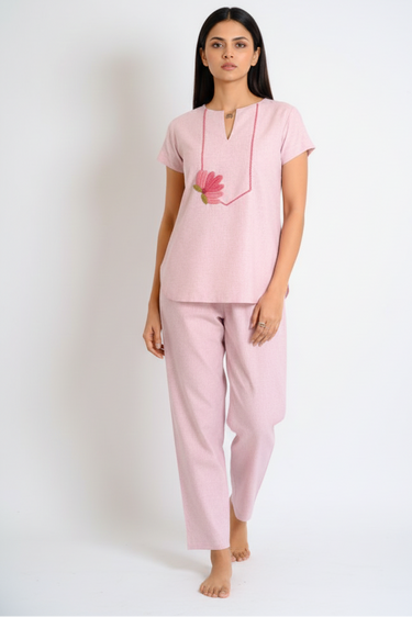 Lotus Hand Embroidered Cotton Pajama Set