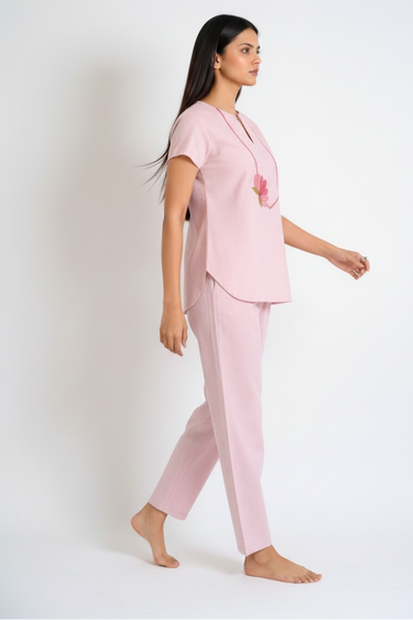 Lotus Hand Embroidered Cotton Pajama Set