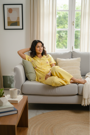 Pop-Corn Hand Embroidered Yellow Pajama Set
