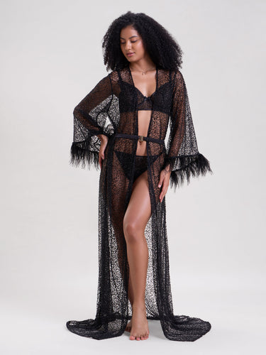 Midnight Glow Embellished Sheer Robe With Belt