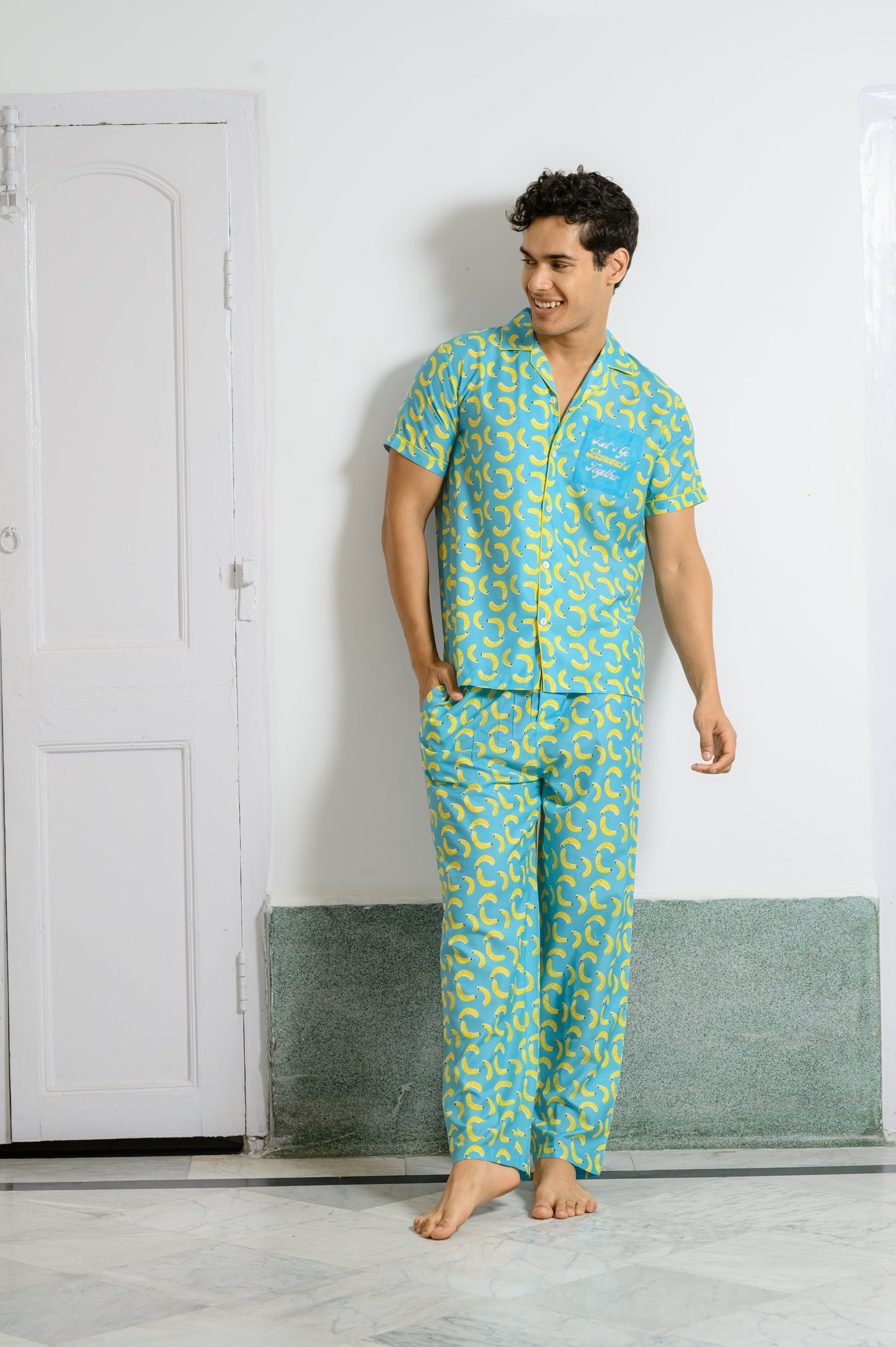 Sky Blue Banana Print Night Suit: Let's Go Bananas Together