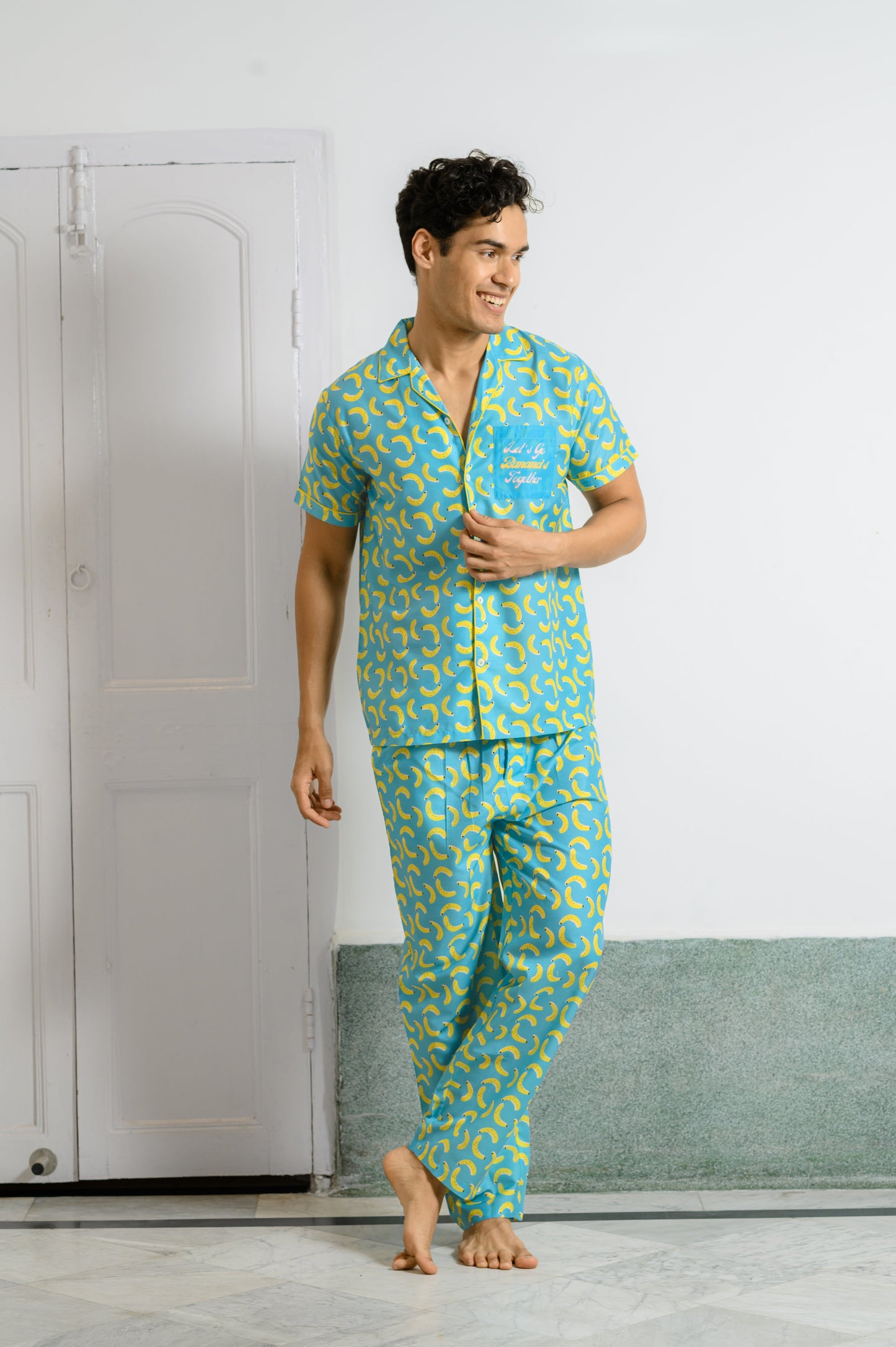 Sky Blue Banana Print Night Suit: Let's Go Bananas Together