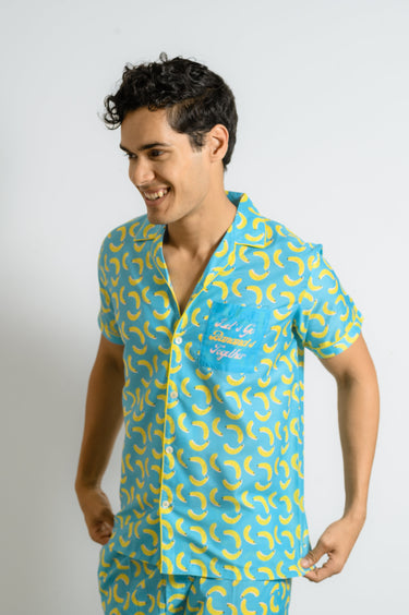 Sky Blue Banana Print Men's Night Suit