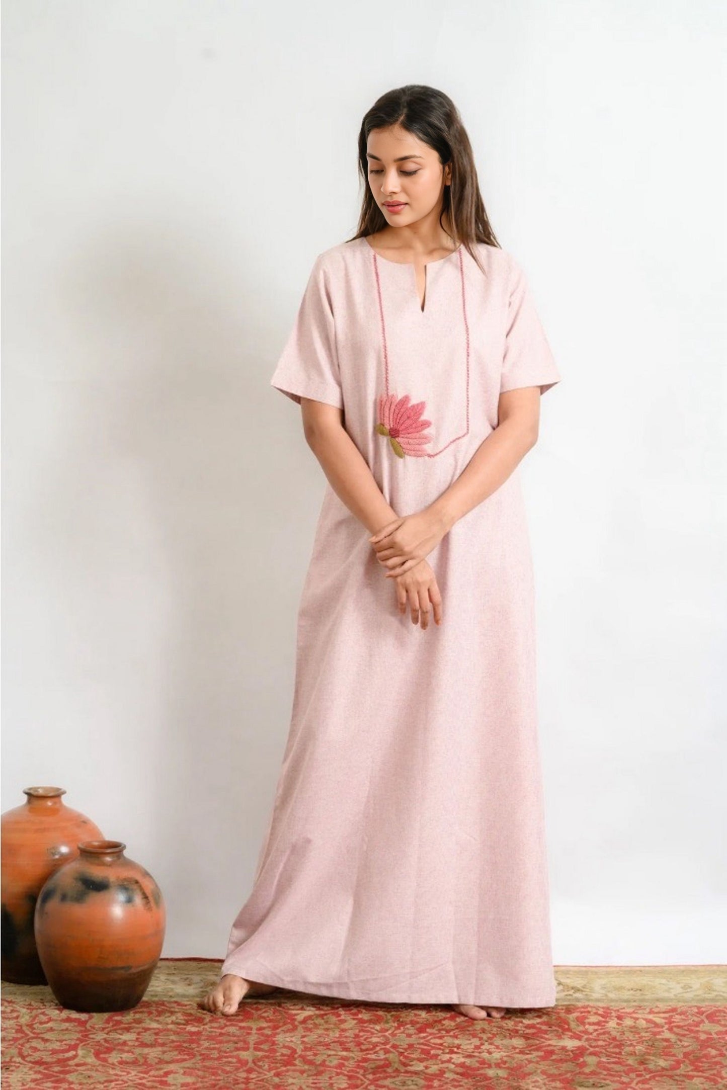 Make a Statement with Our Hand Embroidered Nighty in Pink Red Tone