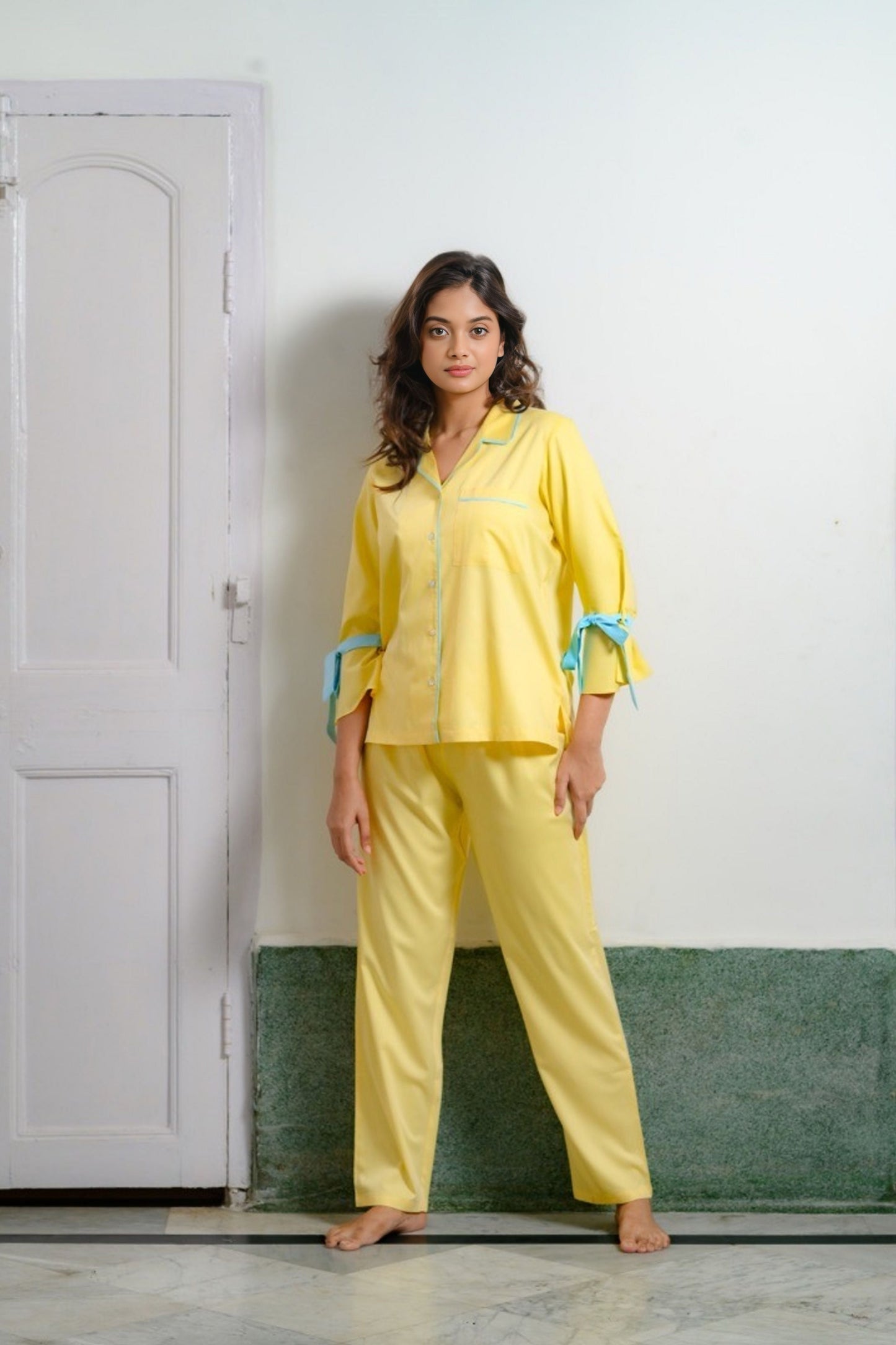 Yellow Cotton Night Suit with Blue Ribbon Details