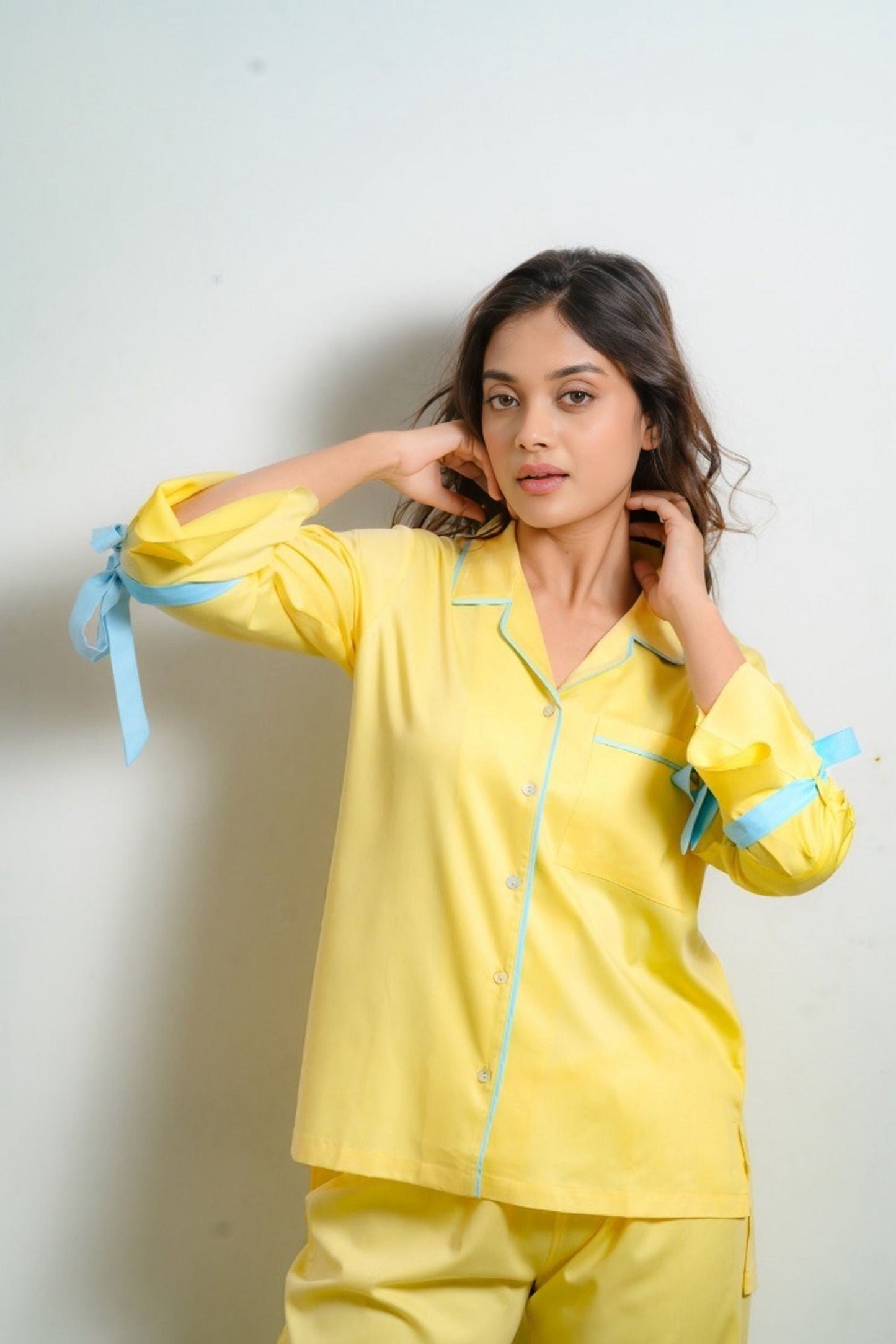 Yellow Cotton Night Suit with Blue Ribbon Details