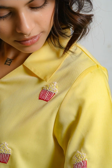 Pop-Corn Hand Embroidered Yellow Pajama Set