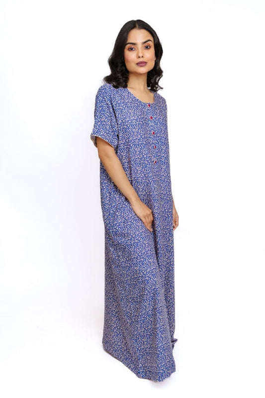 Indigo Dot - Embroidered Button Rayon Nighty