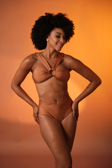Golden Hour Ruched Bikini Set With High-Waist Bottoms
