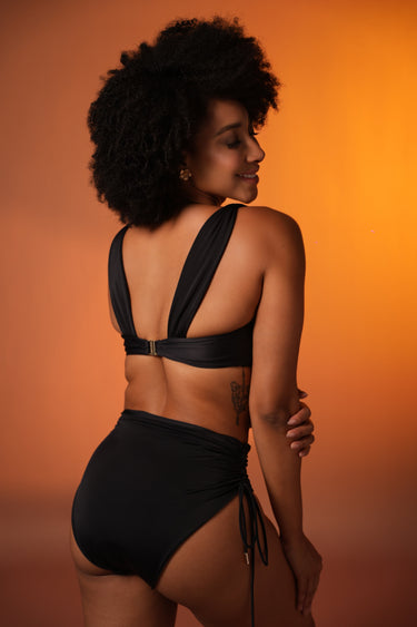 Black Ruched Bikini with High-Waist Bottoms