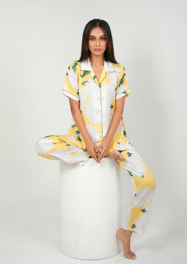 Sunlit Bloom – Yellow Floral Satin Night Suit