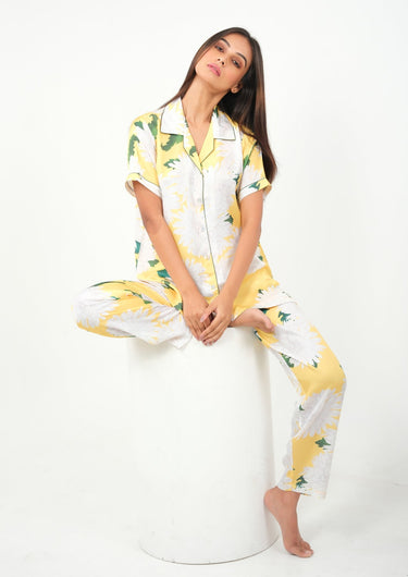 Sunlit Bloom Yellow Floral Satin Night Suit
