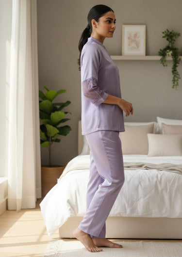Rose Mist Lace-Trim Satin Night Suit