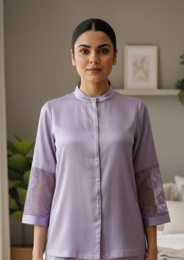 Rose Mist Lace-Trim Satin Night Suit
