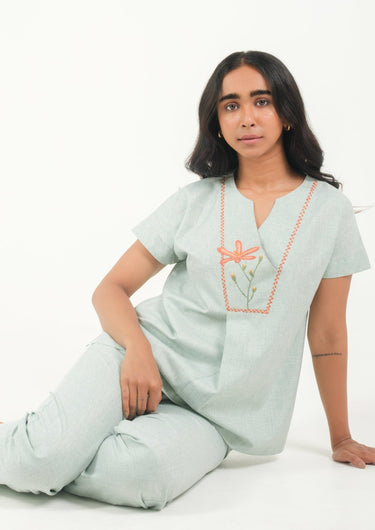 Serene Bloom Hand Embroidered Night Suit