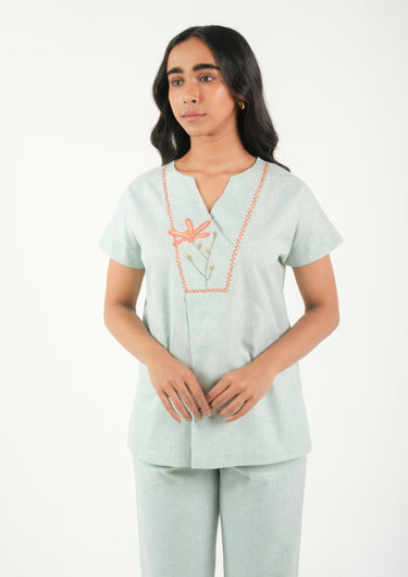 Serene Bloom Hand Embroidered Night Suit