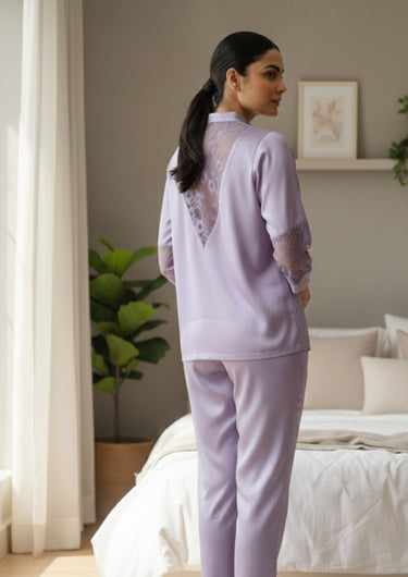 Rose Mist Lace-Trim Satin Night Suit