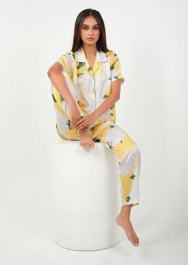 Sunlit Bloom Yellow Floral Satin Night Suit