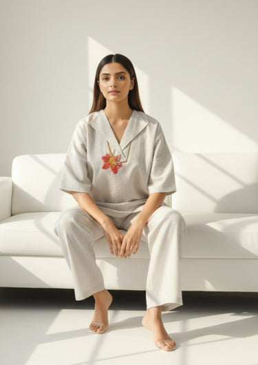 Blush Charm Hand-Embroidered Night Suit