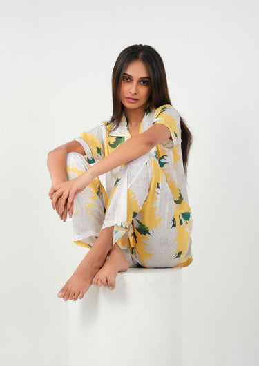 Sunlit Bloom – Yellow Floral Satin Night Suit