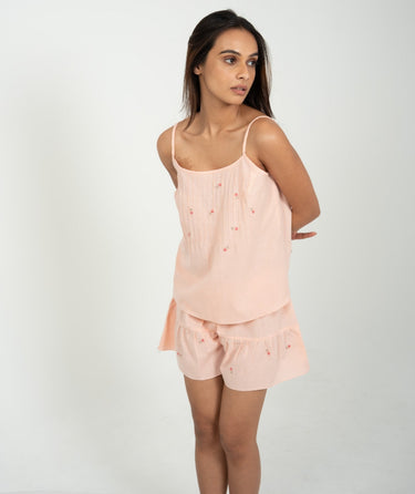 Peach Petals – Hand Embroidered Shorts Set