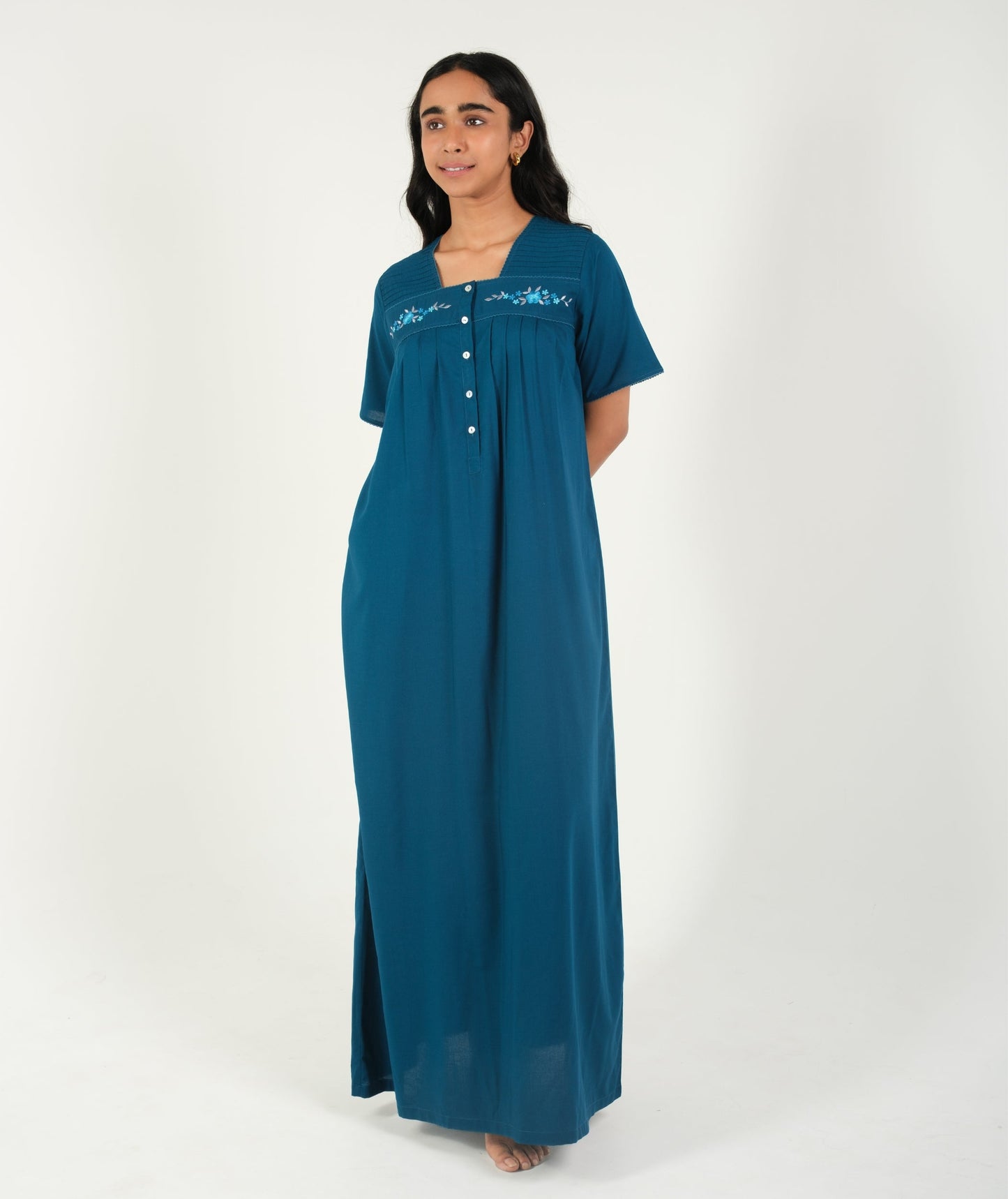 Grace in Every Thread - Teal Blue Embroidered Nighty