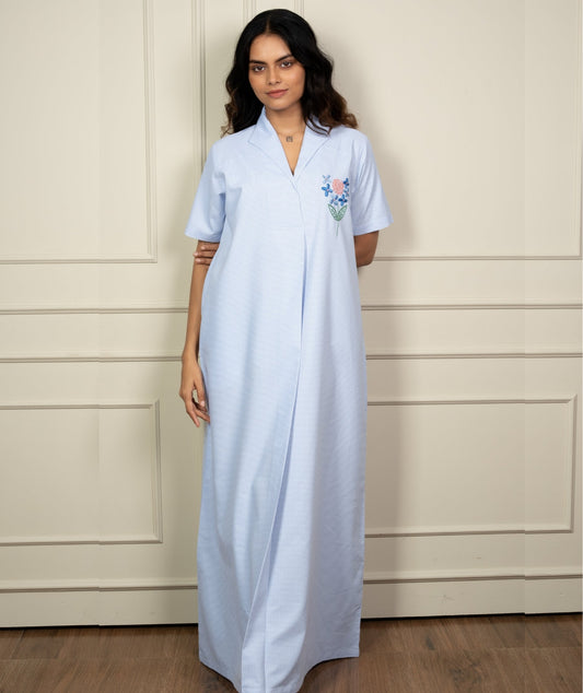 Refined Grace - Hand Embroidered Shawl Collar Nighty