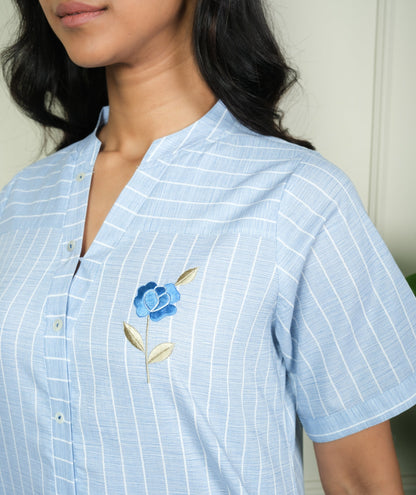 Azure Bloom - Cotton Embroidered Striped Nighty