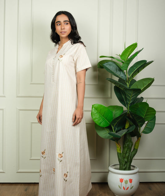 Bloom Grace - Beige Striped Nighty With Floral Embroidery