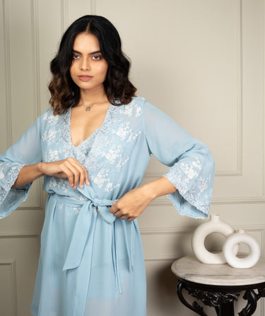 Soft Whispers – Powder Blue Satin Lace Robe Set
