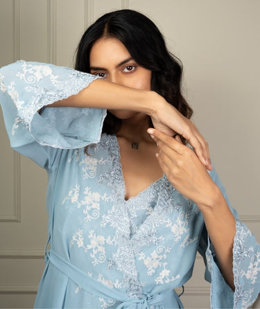 Soft Whispers – Powder Blue Satin Lace Robe Set
