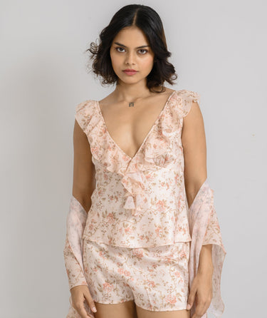 Blush & Bloom – Printed Satin Set with Flirty Frills