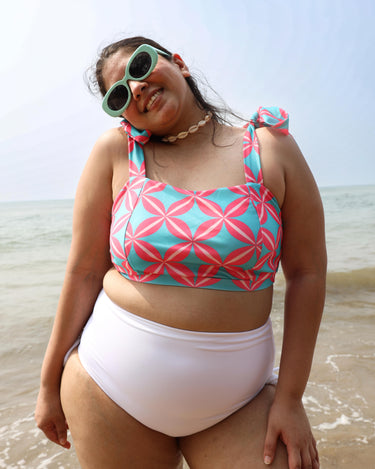 Woman in a colorful bikini set