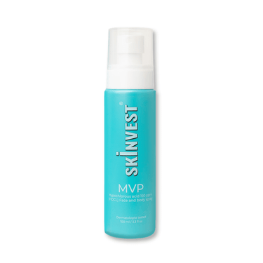 Skincare bottle labeled 'skinvest MVP' on a white background