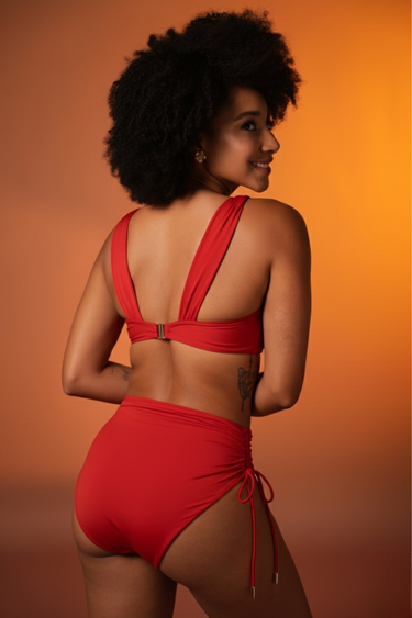 Red Ruched Bikini With High-Waist Bottoms