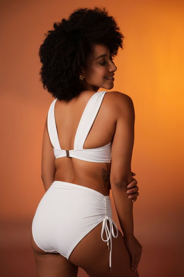 White Ruched Bikini With High-Waist Bottoms