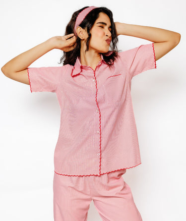Red Striped Cotton Night Suit with Embroidery Detail
