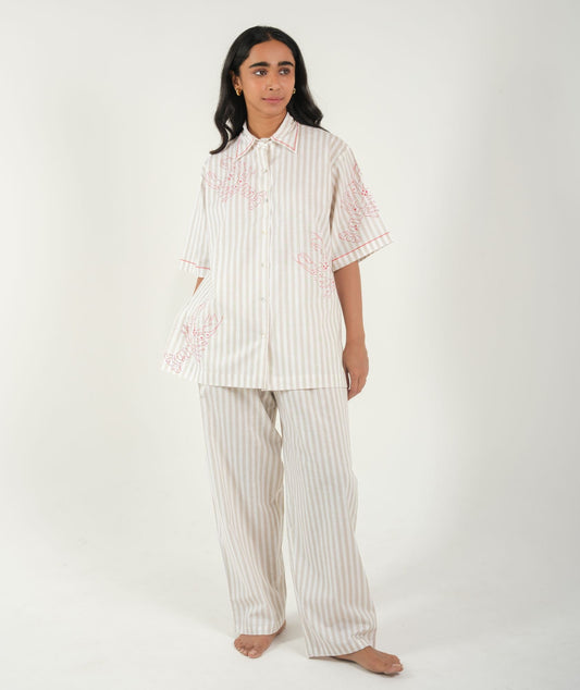 Coastal Vibes - Red Striped Night Suit With Lobster Embroidery