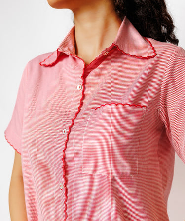 Red Striped Cotton Night Suit with Embroidery Detail