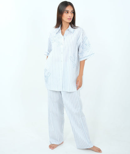 Seaside Charm - Blue Striped Night Suit with Lobster Embroidery