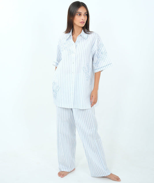 Seaside Charm - Blue Striped Night Suit with Lobster Embroidery