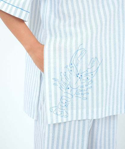 Seaside Charm - Blue Striped Night Suit with Lobster Embroidery